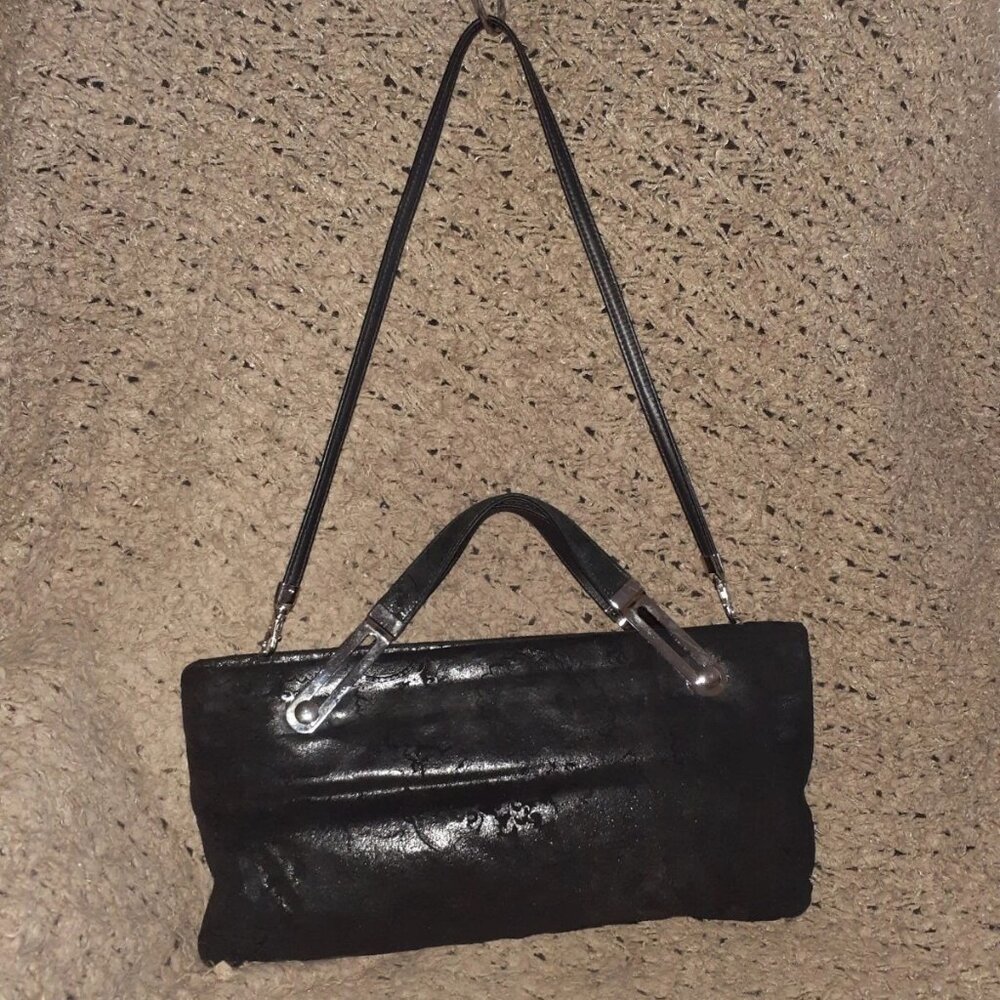 DUE FRATELLI-Vintage-Black Oiled Suede-Paisley Pattern-Hand/Shoulder-Near Mint